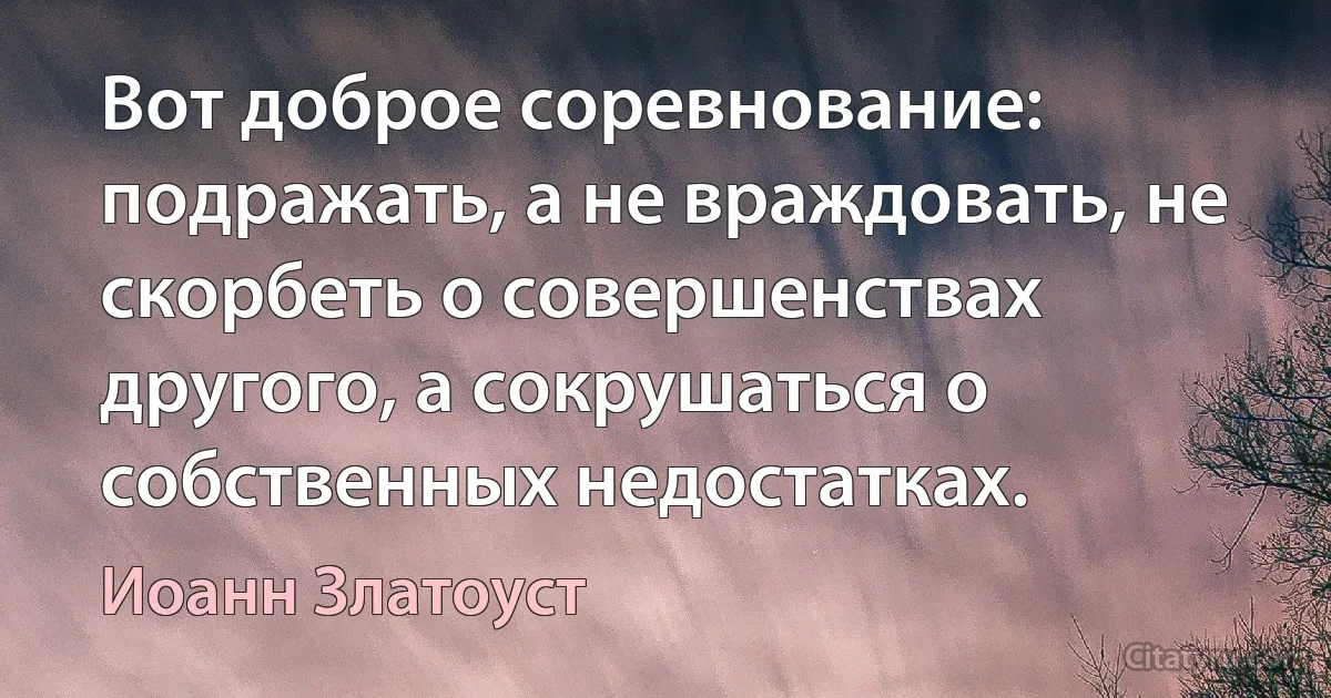 Вот доброе соревнование: подражать, а не враждовать, не скорбеть о совершенствах другого, а сокрушаться о собственных недостатках. (Иоанн Златоуст)