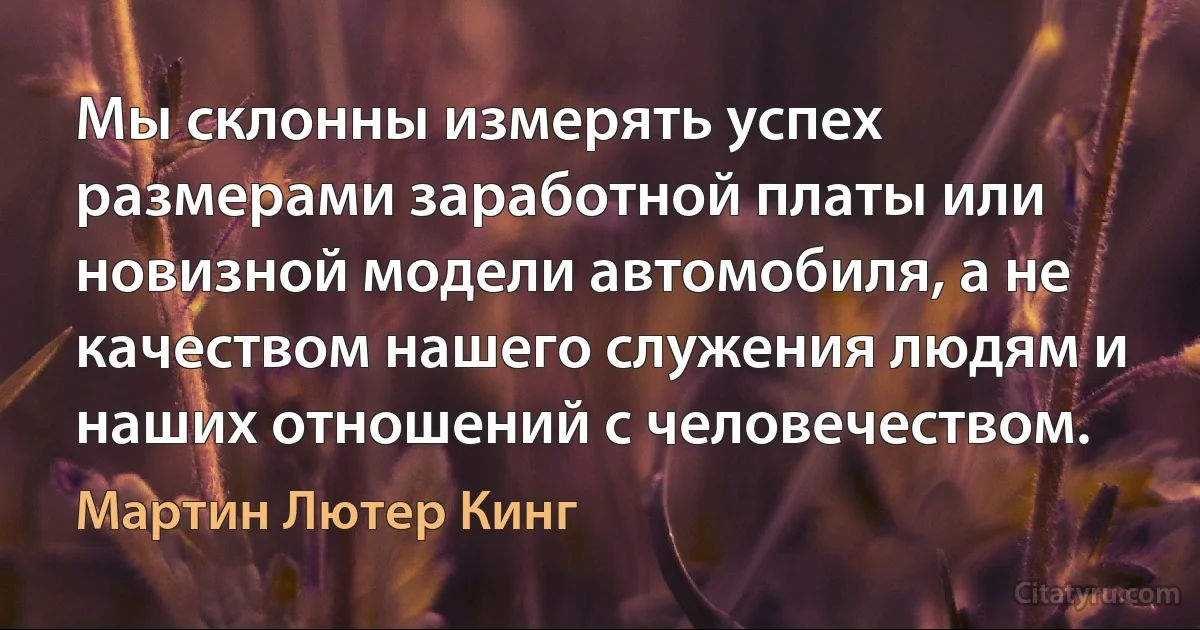 Мы склонны измерять успех размерами заработной платы или новизной модели автомобиля, а не качеством нашего служения людям и наших отношений с человечеством. (Мартин Лютер Кинг)