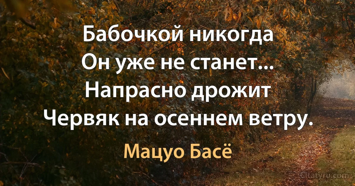 Бабочкой никогда
Он уже не станет...
Напрасно дрожит
Червяк на осеннем ветру. (Мацуо Басё)