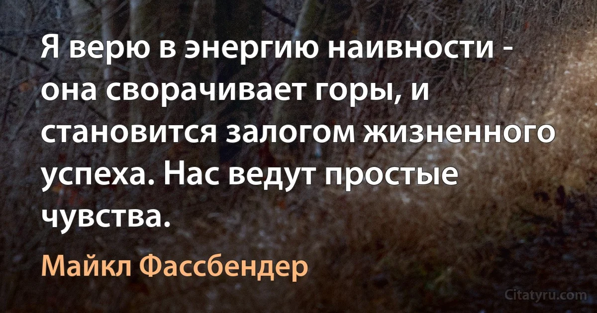 Я верю в энергию наивности - она сворачивает горы, и становится залогом жизненного успеха. Нас ведут простые чувства. (Майкл Фассбендер)