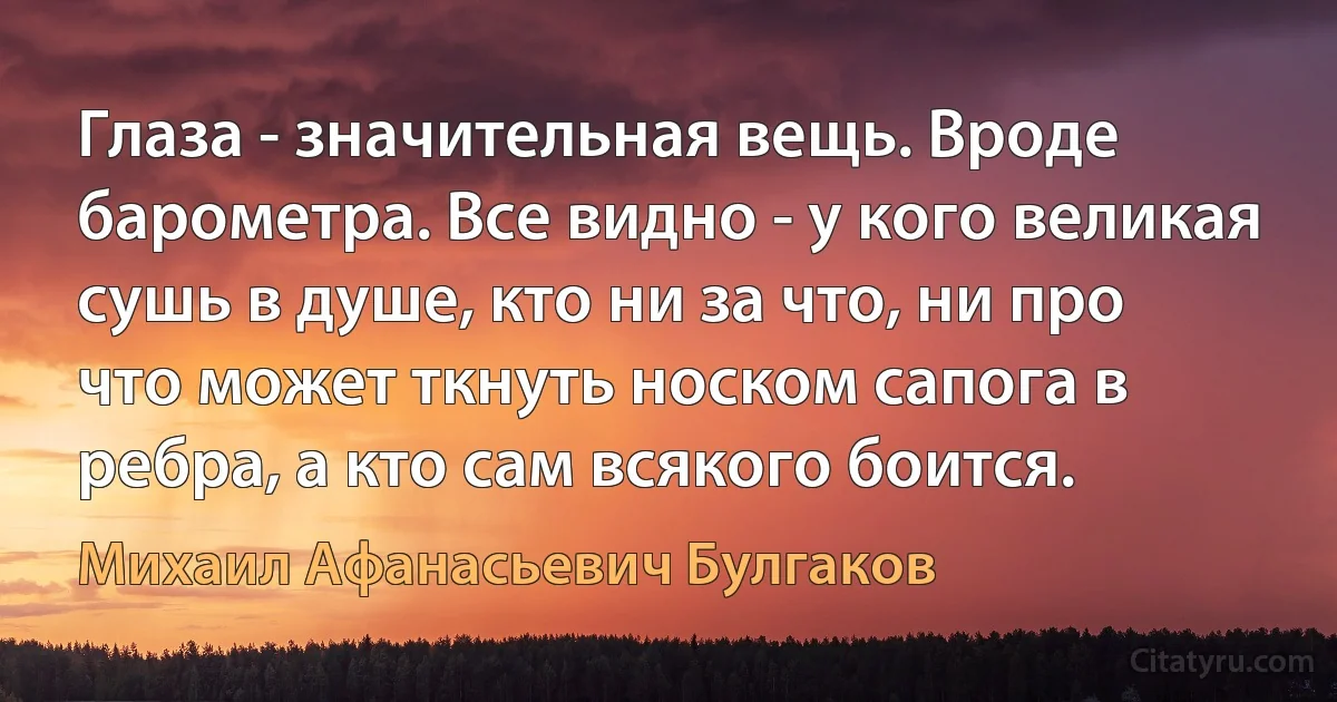 Глаза - значительная вещь. Вроде барометра. Все видно - у кого великая сушь в душе, кто ни за что, ни про что может ткнуть носком сапога в ребра, а кто сам всякого боится. (Михаил Афанасьевич Булгаков)