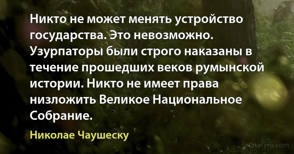 Никто не может менять устройство государства. Это невозможно. Узурпаторы были строго наказаны в течение прошедших веков румынской истории. Никто не имеет права низложить Великое Национальное Собрание. (Николае Чаушеску)