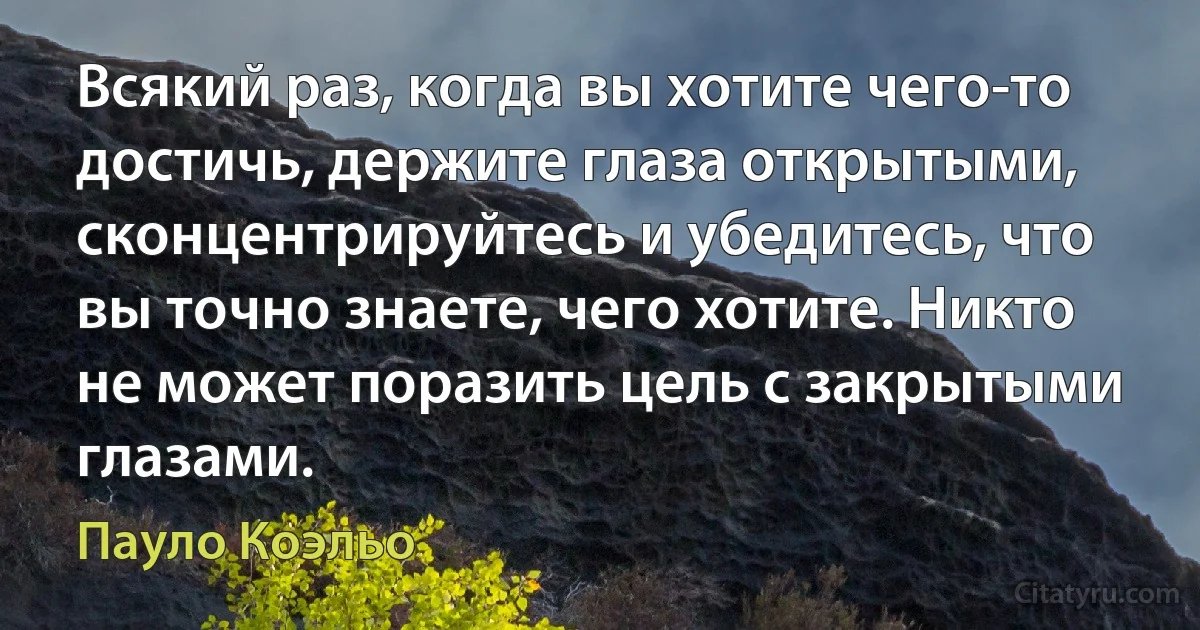 Всякий раз, когда вы хотите чего-то достичь, держите глаза открытыми, сконцентрируйтесь и убедитесь, что вы точно знаете, чего хотите. Никто не может поразить цель с закрытыми глазами. (Пауло Коэльо)