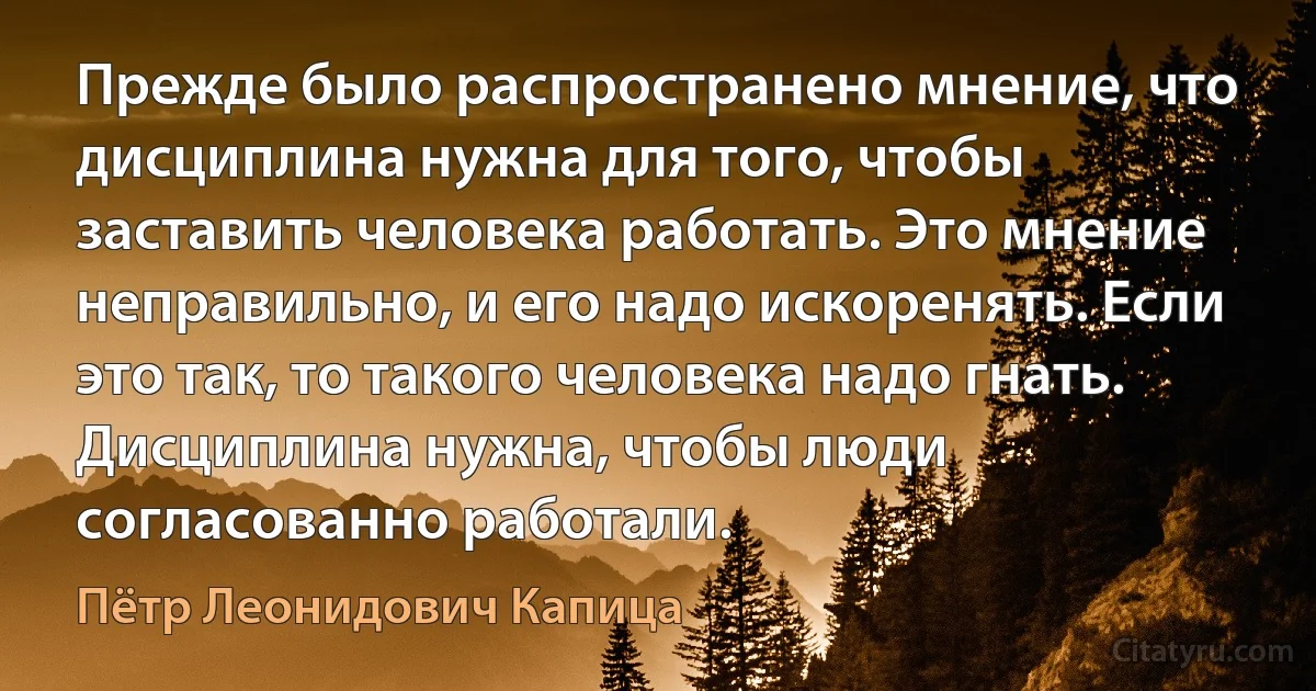 Прежде было распространено мнение, что дисциплина нужна для того, чтобы заставить человека работать. Это мнение неправильно, и его надо искоренять. Если это так, то такого человека надо гнать. Дисциплина нужна, чтобы люди согласованно работали. (Пётр Леонидович Капица)