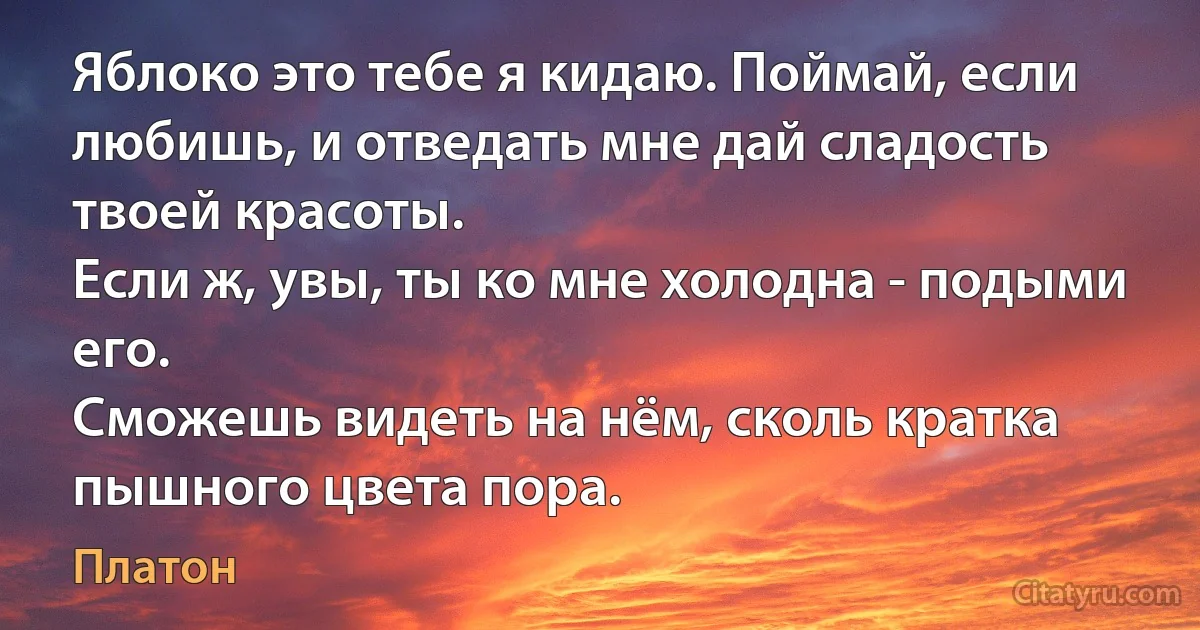 Яблоко это тебе я кидаю. Поймай, если любишь, и отведать мне дай сладость твоей красоты. 
Если ж, увы, ты ко мне холодна - подыми его. 
Сможешь видеть на нём, сколь кратка пышного цвета пора. (Платон)