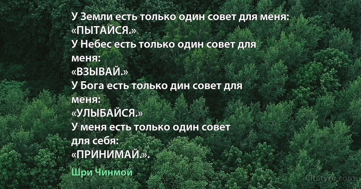 У Земли есть только один совет для меня:
«ПЫТАЙСЯ.»
У Небес есть только один совет для
меня:
«ВЗЫВАЙ.»
У Бога есть только дин совет для
меня:
«УЛЫБАЙСЯ.»
У меня есть только один совет
для себя:
«ПРИНИМАЙ.». (Шри Чинмой)