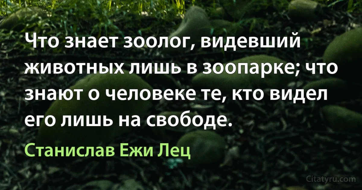 Что знает зоолог, видевший животных лишь в зоопарке; что знают о человеке те, кто видел его лишь на свободе. (Станислав Ежи Лец)