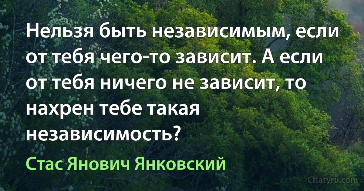 Нельзя быть независимым, если от тебя чего-то зависит. А если от тебя ничего не зависит, то нахрен тебе такая независимость? (Стас Янович Янковский)