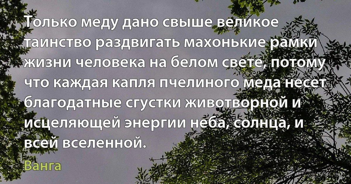 Только меду дано свыше великое таинство раздвигать махонькие рамки жизни человека на белом свете, потому что каждая капля пчелиного меда несет благодатные сгустки животворной и исцеляющей энергии неба, солнца, и всей вселенной. (Ванга)