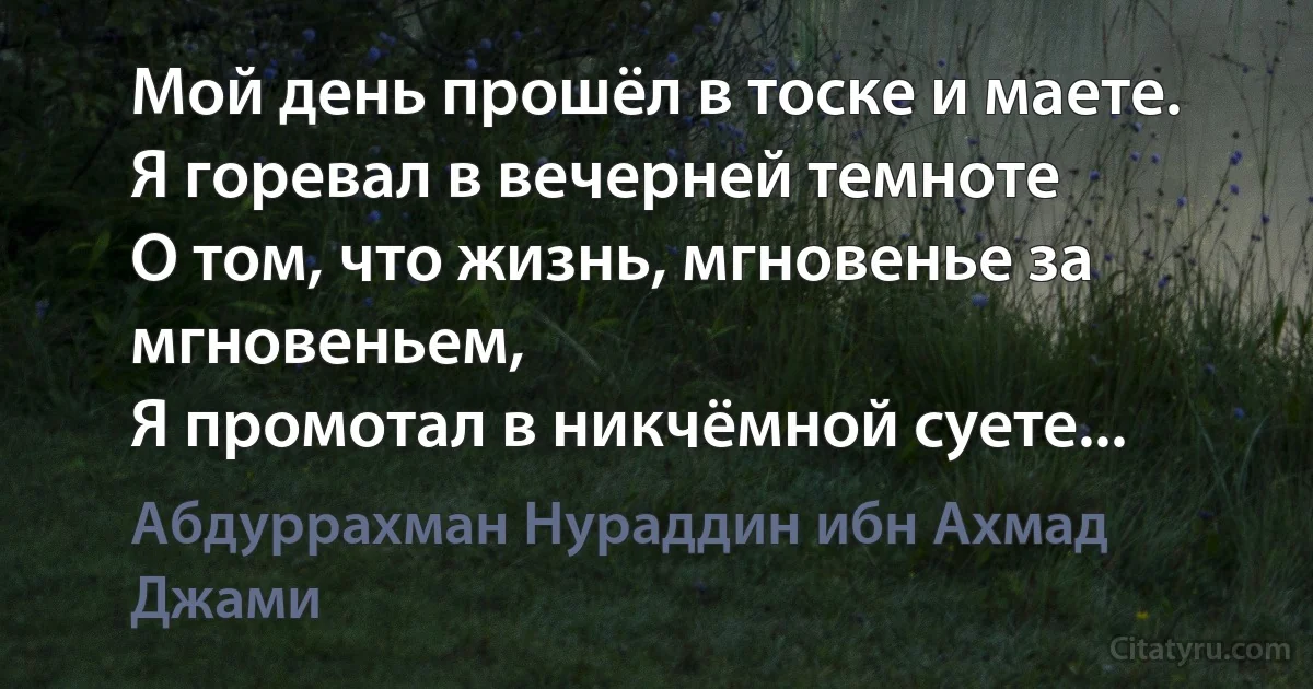 Мой день прошёл в тоске и маете.
Я горевал в вечерней темноте
О том, что жизнь, мгновенье за мгновеньем,
Я промотал в никчёмной суете... (Абдуррахман Нураддин ибн Ахмад Джами)