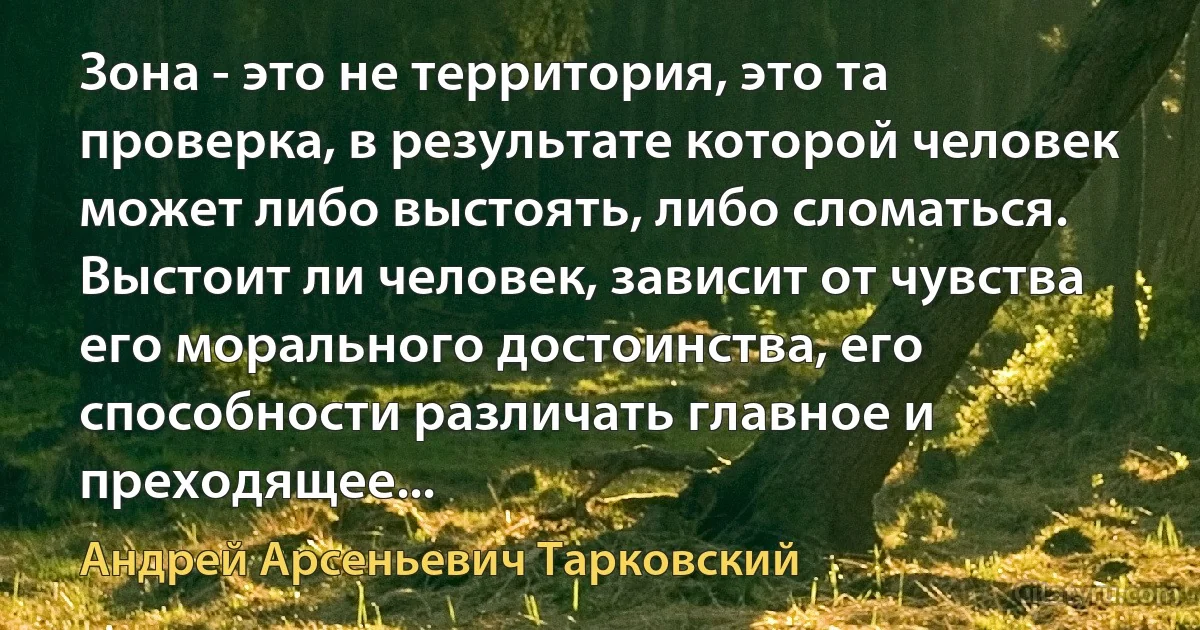 Зона - это не территория, это та проверка, в результате которой человек может либо выстоять, либо сломаться. Выстоит ли человек, зависит от чувства его морального достоинства, его способности различать главное и преходящее... (Андрей Арсеньевич Тарковский)