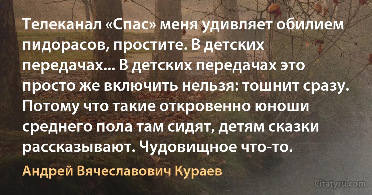 Телеканал «Спас» меня удивляет обилием пидорасов, простите. В детских передачах... В детских передачах это просто же включить нельзя: тошнит сразу. Потому что такие откровенно юноши среднего пола там сидят, детям сказки рассказывают. Чудовищное что-то. (Андрей Вячеславович Кураев)