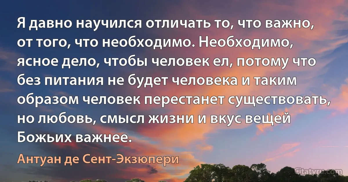 Я давно научился отличать то, что важно, от того, что необходимо. Необходимо, ясное дело, чтобы человек ел, потому что без питания не будет человека и таким образом человек перестанет существовать, но любовь, смысл жизни и вкус вещей Божьих важнее. (Антуан де Сент-Экзюпери)