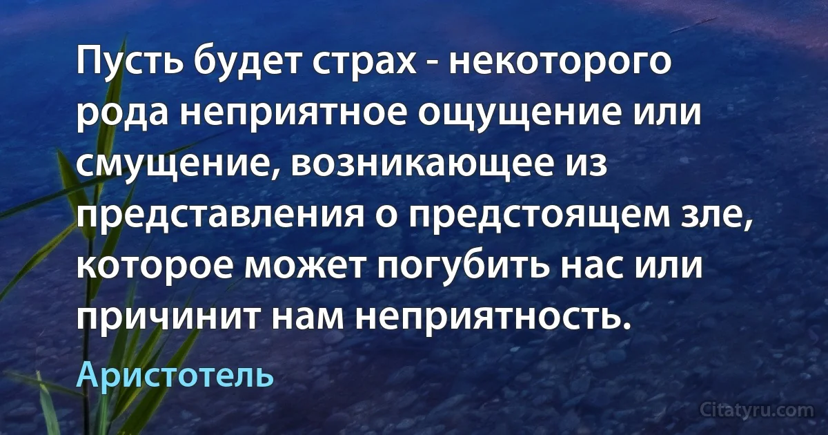 Пусть будет страх - некоторого рода неприятное ощущение или смущение, возникающее из представления о предстоящем зле, которое может погубить нас или причинит нам неприятность. (Аристотель)