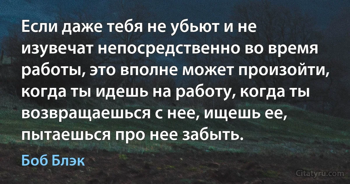 Если даже тебя не убьют и не изувечат непосредственно во время работы, это вполне может произойти, когда ты идешь на работу, когда ты возвращаешься с нее, ищешь ее, пытаешься про нее забыть. (Боб Блэк)