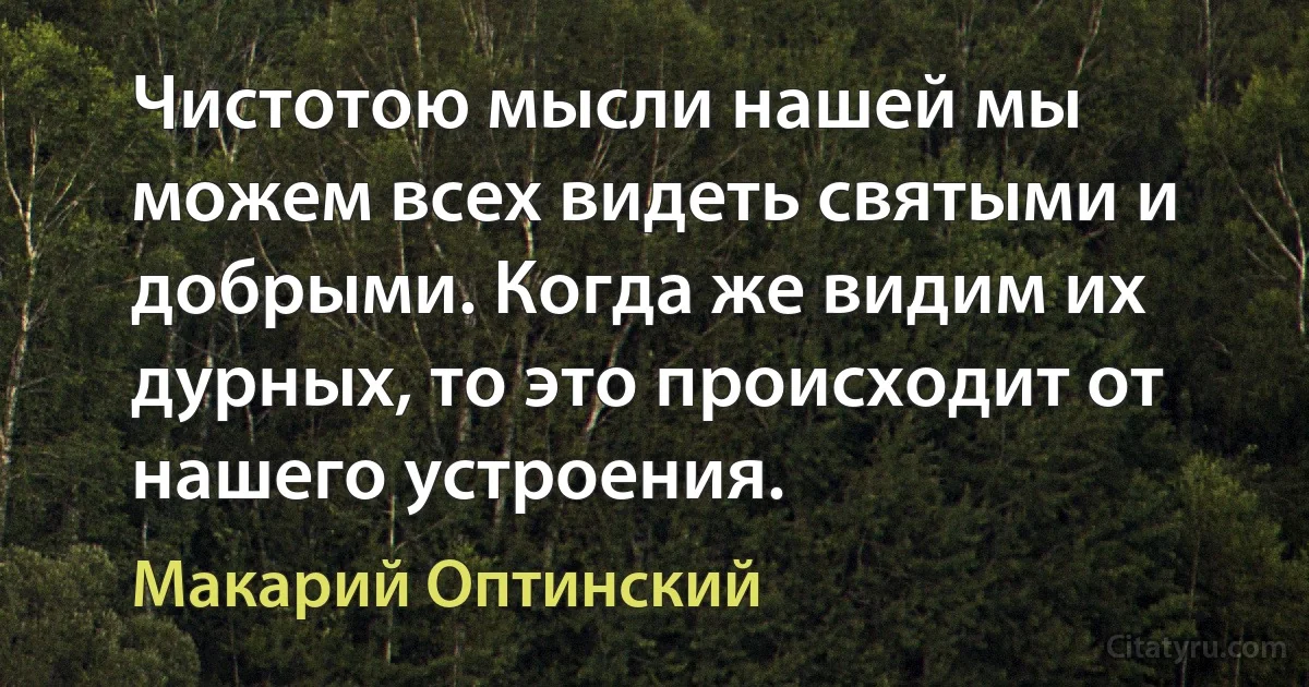 Чистотою мысли нашей мы можем всех видеть святыми и добрыми. Когда же видим их дурных, то это происходит от нашего устроения. (Макарий Оптинский)