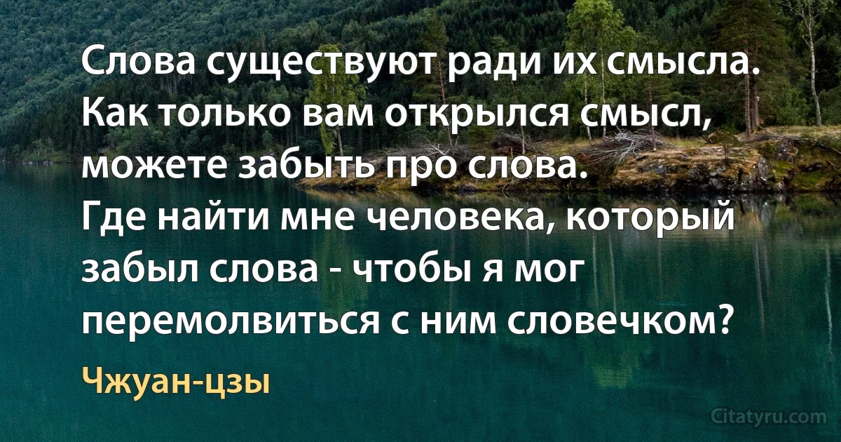 Слова существуют ради их смысла. Как только вам открылся смысл, можете забыть про слова.
Где найти мне человека, который забыл слова - чтобы я мог перемолвиться с ним словечком? (Чжуан-цзы)