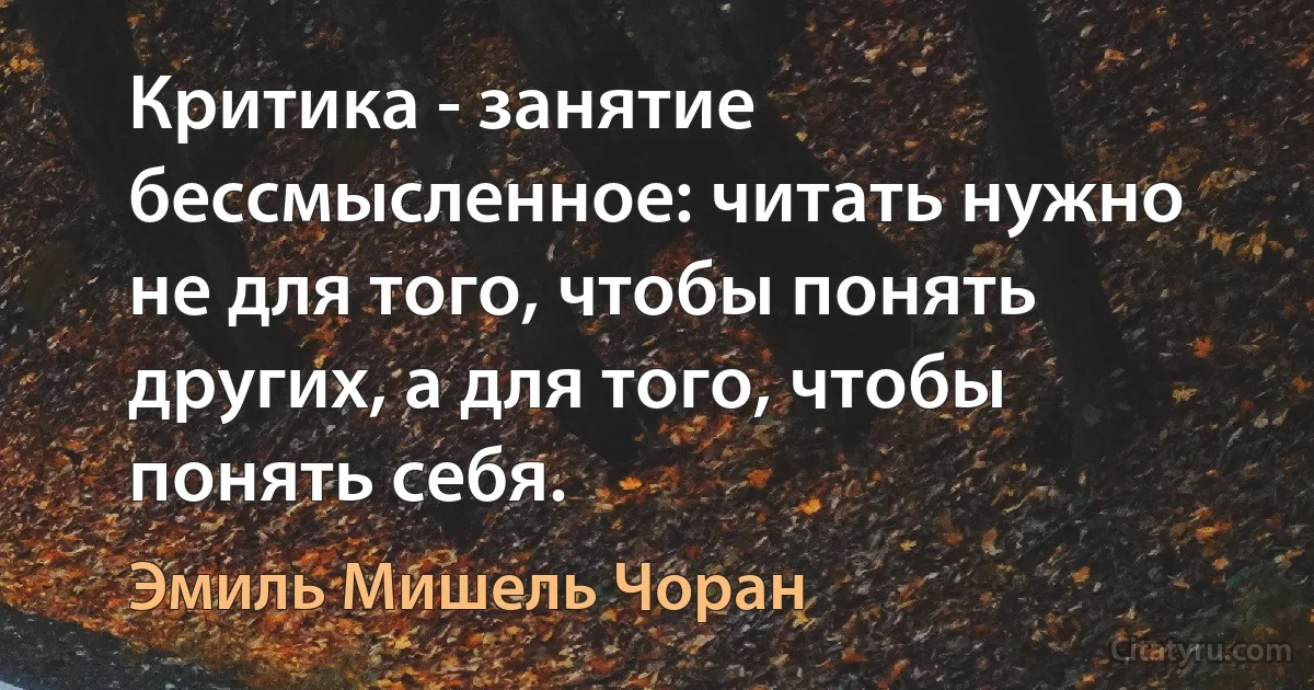 Критика - занятие бессмысленное: читать нужно не для того, чтобы понять других, а для того, чтобы понять себя. (Эмиль Мишель Чоран)