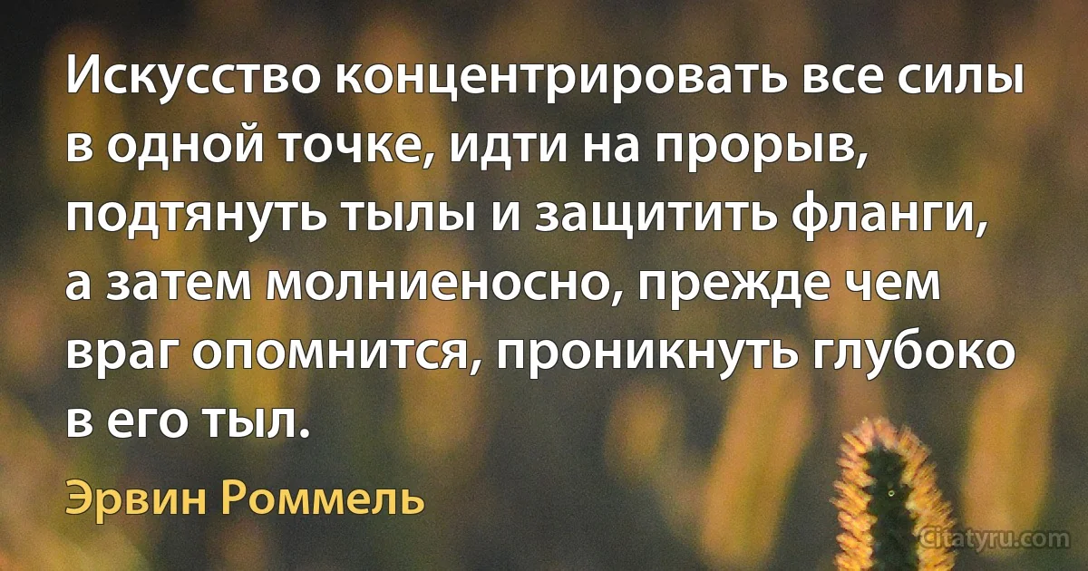 Искусство концентрировать все силы в одной точке, идти на прорыв, подтянуть тылы и защитить фланги, а затем молниеносно, прежде чем враг опомнится, проникнуть глубоко в его тыл. (Эрвин Роммель)