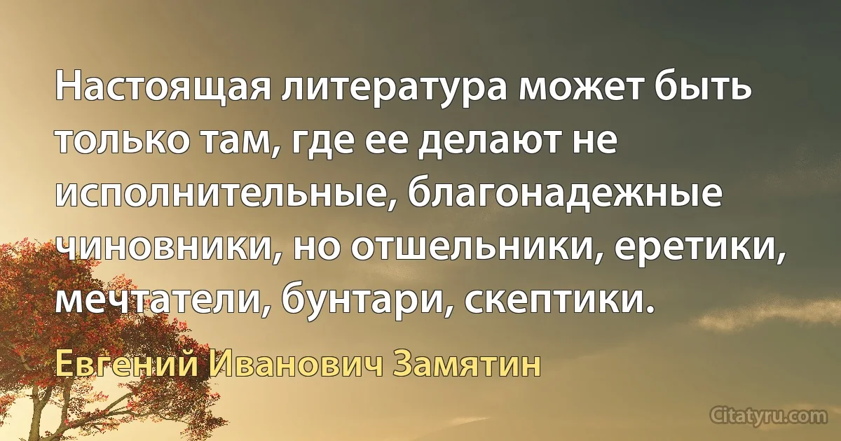 Настоящая литература может быть только там, где ее делают не исполнительные, благонадежные чиновники, но отшельники, еретики, мечтатели, бунтари, скептики. (Евгений Иванович Замятин)