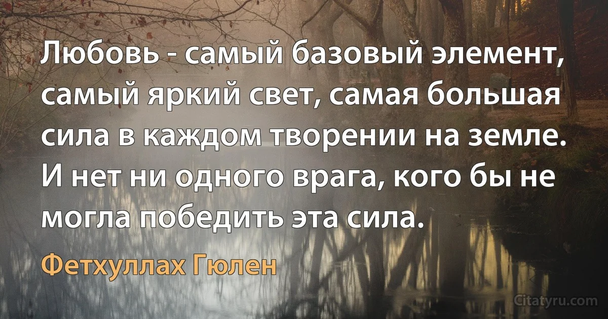 Любовь - самый базовый элемент, самый яркий свет, самая большая сила в каждом творении на земле. И нет ни одного врага, кого бы не могла победить эта сила. (Фетхуллах Гюлен)