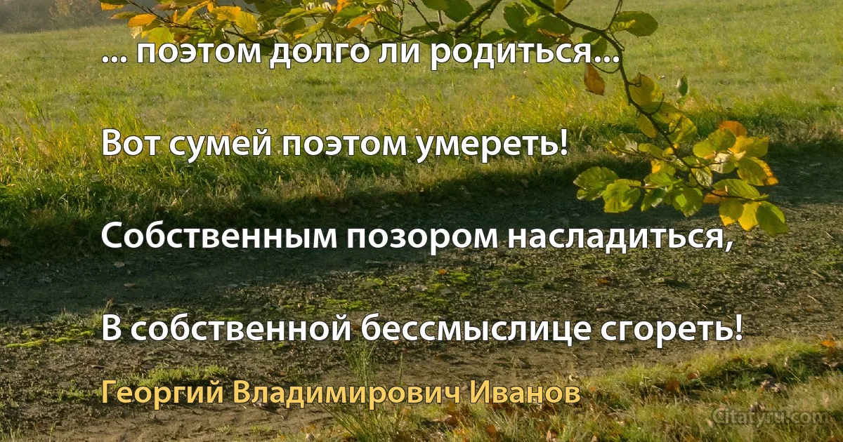 ... поэтом долго ли родиться...

Вот сумей поэтом умереть!

Собственным позором насладиться,

В собственной бессмыслице сгореть! (Георгий Владимирович Иванов)