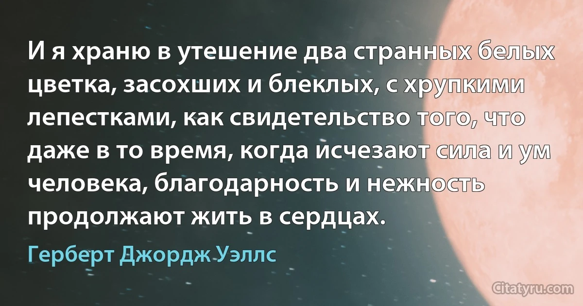 И я храню в утешение два странных белых цветка, засохших и блеклых, с хрупкими лепестками, как свидетельство того, что даже в то время, когда исчезают сила и ум человека, благодарность и нежность продолжают жить в сердцах. (Герберт Джордж Уэллс)