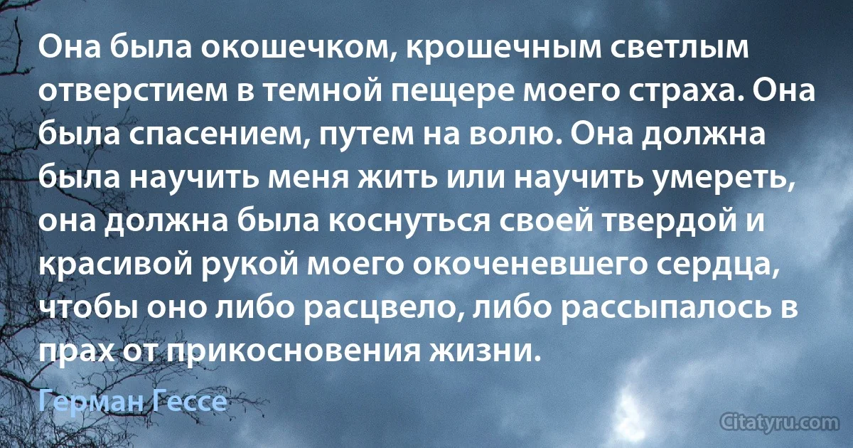 Она была окошечком, крошечным светлым отверстием в темной пещере моего страха. Она была спасением, путем на волю. Она должна была научить меня жить или научить умереть, она должна была коснуться своей твердой и красивой рукой моего окоченевшего сердца, чтобы оно либо расцвело, либо рассыпалось в прах от прикосновения жизни. (Герман Гессе)