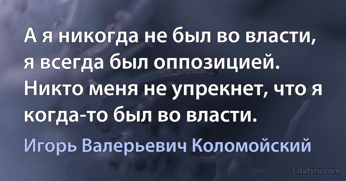 А я никогда не был во власти, я всегда был оппозицией. Никто меня не упрекнет, что я когда-то был во власти. (Игорь Валерьевич Коломойский)