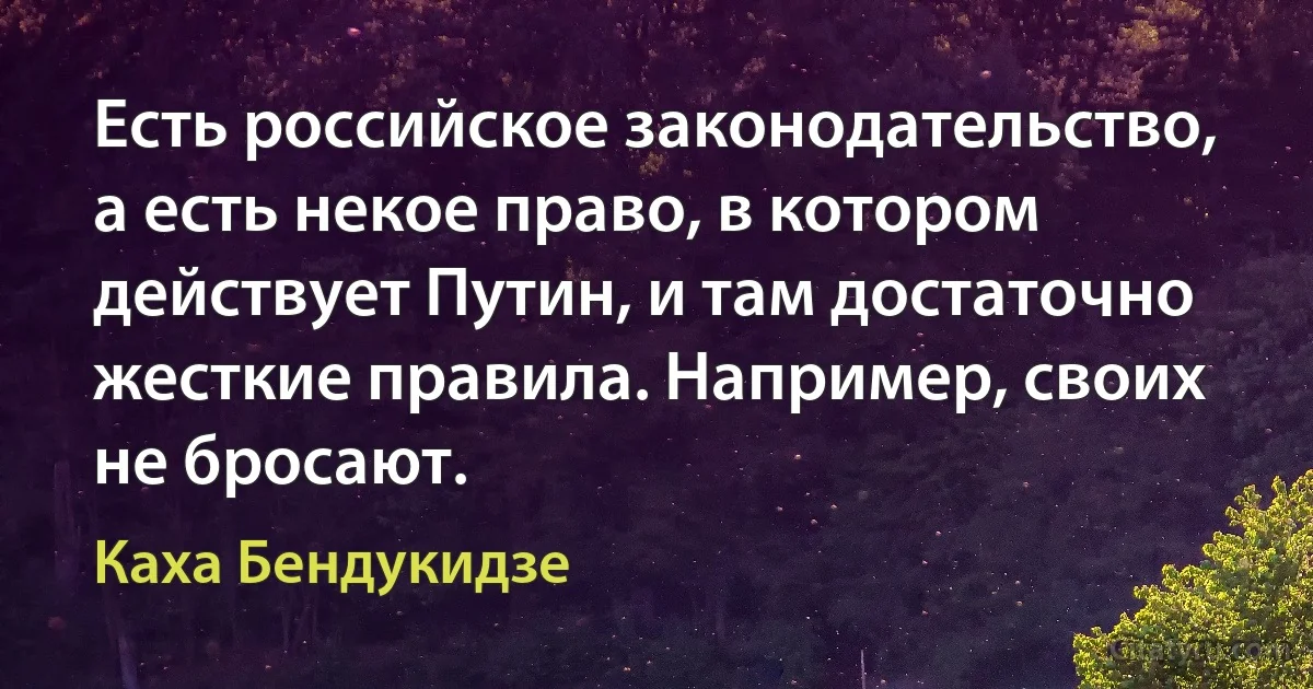 Есть российское законодательство, а есть некое право, в котором действует Путин, и там достаточно жесткие правила. Например, своих не бросают. (Каха Бендукидзе)