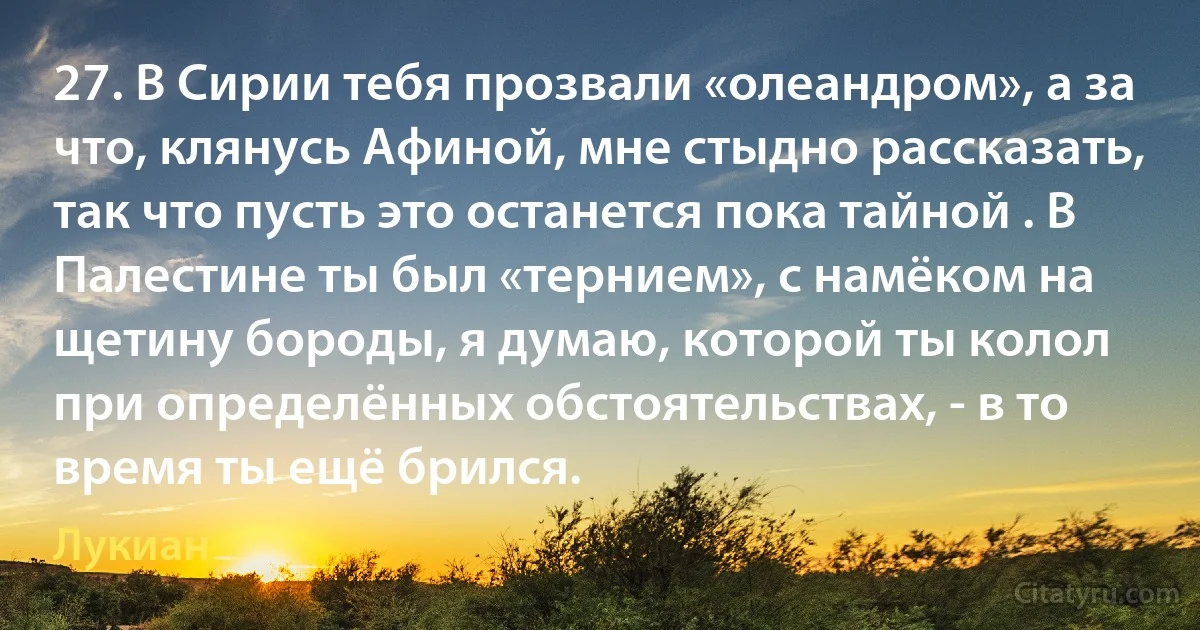 27. В Сирии тебя прозвали «олеандром», а за что, клянусь Афиной, мне стыдно рассказать, так что пусть это останется пока тайной . В Палестине ты был «тернием», с намёком на щетину бороды, я думаю, которой ты колол при определённых обстоятельствах, - в то время ты ещё брился. (Лукиан)