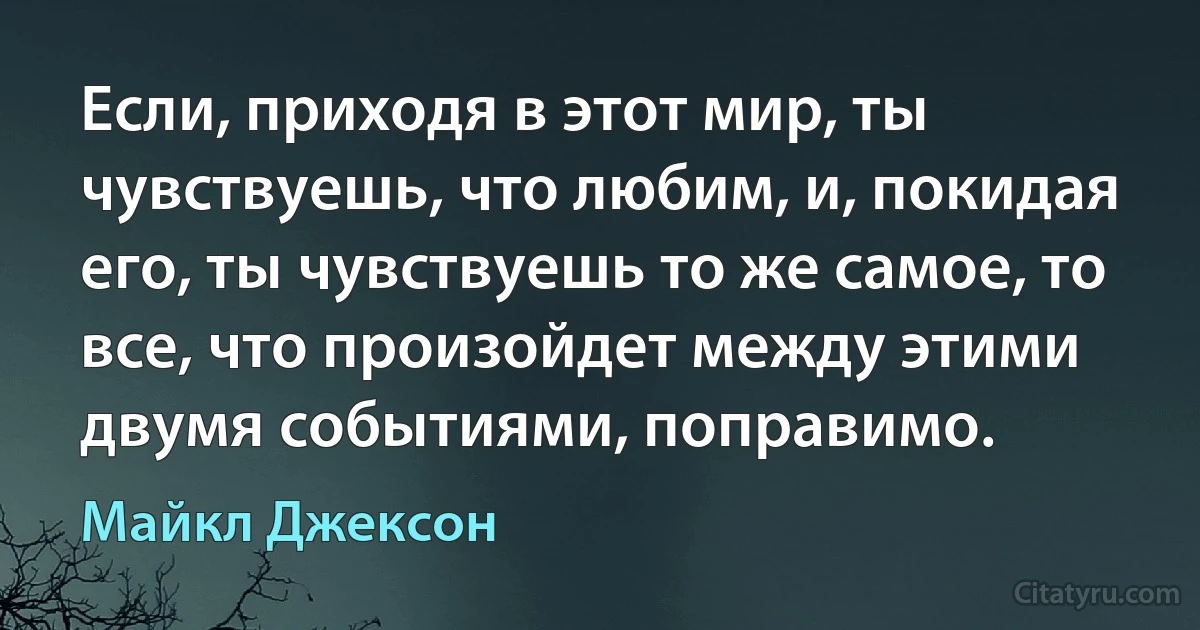 Если, приходя в этот мир, ты чувствуешь, что любим, и, покидая его, ты чувствуешь то же самое, то все, что произойдет между этими двумя событиями, поправимо. (Майкл Джексон)