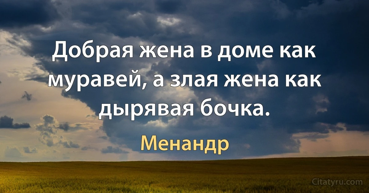 Добрая жена в доме как муравей, а злая жена как дырявая бочка. (Менандр)