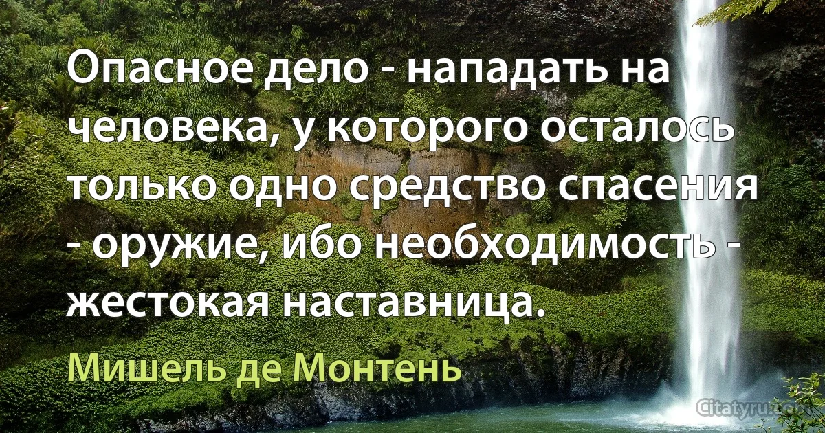 Опасное дело - нападать на человека, у которого осталось только одно средство спасения - оружие, ибо необходимость - жестокая наставница. (Мишель де Монтень)