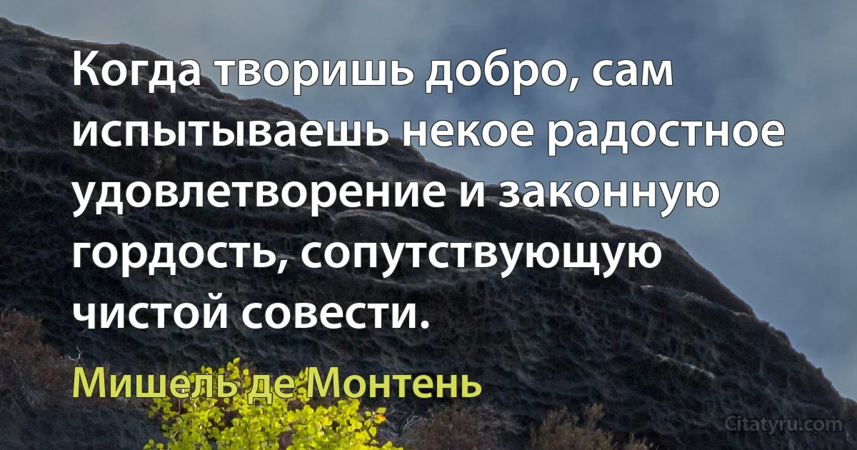 Когда творишь добро, сам испытываешь некое радостное удовлетворение и законную гордость, сопутствующую чистой совести. (Мишель де Монтень)