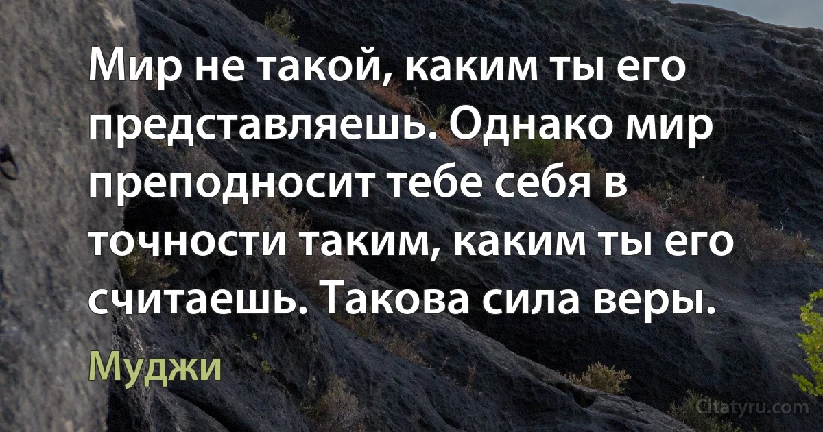 Мир не такой, каким ты его представляешь. Однако мир преподносит тебе себя в точности таким, каким ты его считаешь. Такова сила веры. (Муджи)