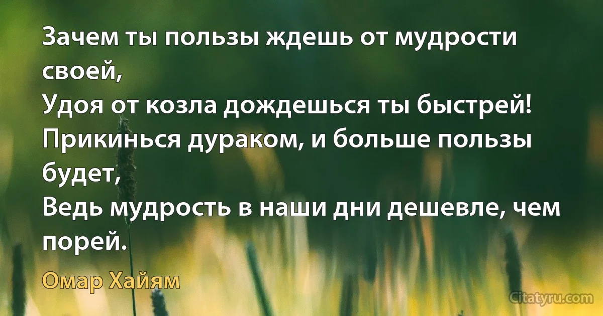 Зачем ты пользы ждешь от мудрости своей,
Удоя от козла дождешься ты быстрей!
Прикинься дураком, и больше пользы будет, 
Ведь мудрость в наши дни дешевле, чем порей. (Омар Хайям)