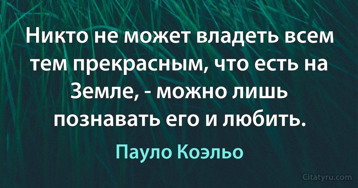 Никто не может владеть всем тем прекрасным, что есть на Земле, - можно лишь познавать его и любить. (Пауло Коэльо)