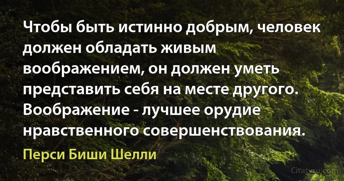 Чтобы быть истинно добрым, человек должен обладать живым воображением, он должен уметь представить себя на месте другого. Воображение - лучшее орудие нравственного совершенствования. (Перси Биши Шелли)