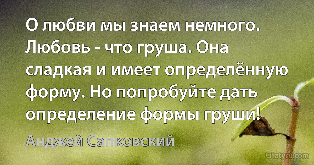 О любви мы знаем немного. Любовь - что груша. Она сладкая и имеет определённую форму. Но попробуйте дать определение формы груши! (Анджей Сапковский)