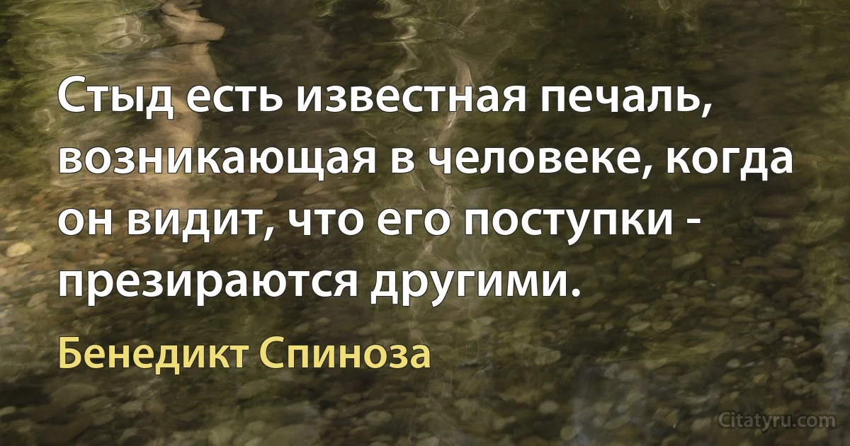 Стыд есть известная печаль, возникающая в человеке, когда он видит, что его поступки - презираются другими. (Бенедикт Спиноза)