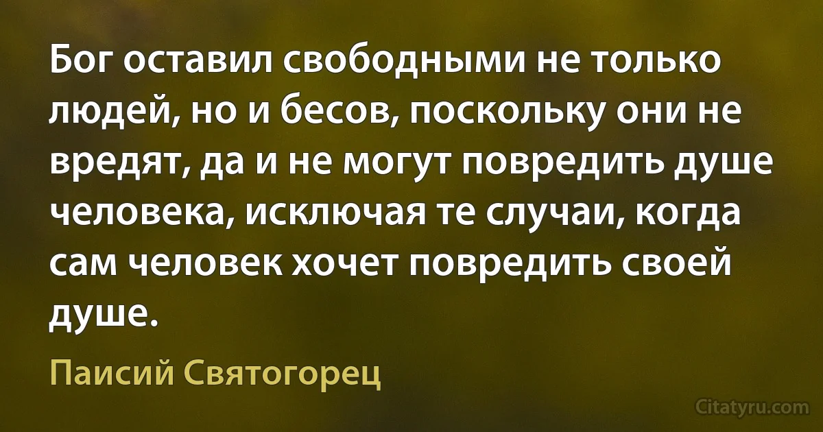 Бог оставил свободными не только людей, но и бесов, поскольку они не вредят, да и не могут повредить душе человека, исключая те случаи, когда сам человек хочет повредить своей душе. (Паисий Святогорец)