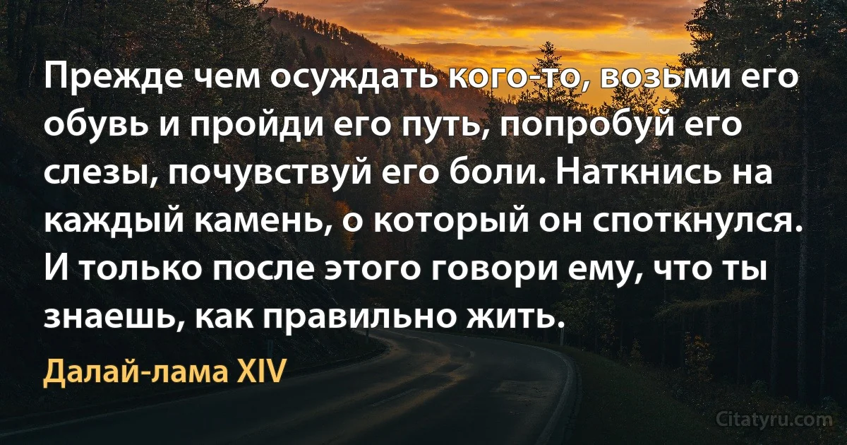 Прежде чем осуждать кого-то, возьми его обувь и пройди его путь, попробуй его слезы, почувствуй его боли. Наткнись на каждый камень, о который он споткнулся. И только после этого говори ему, что ты знаешь, как правильно жить. (Далай-лама XIV)