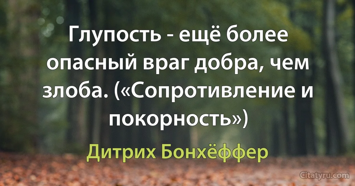 Глупость - ещё более опасный враг добра, чем злоба. («Сопротивление и покорность») (Дитрих Бонхёффер)