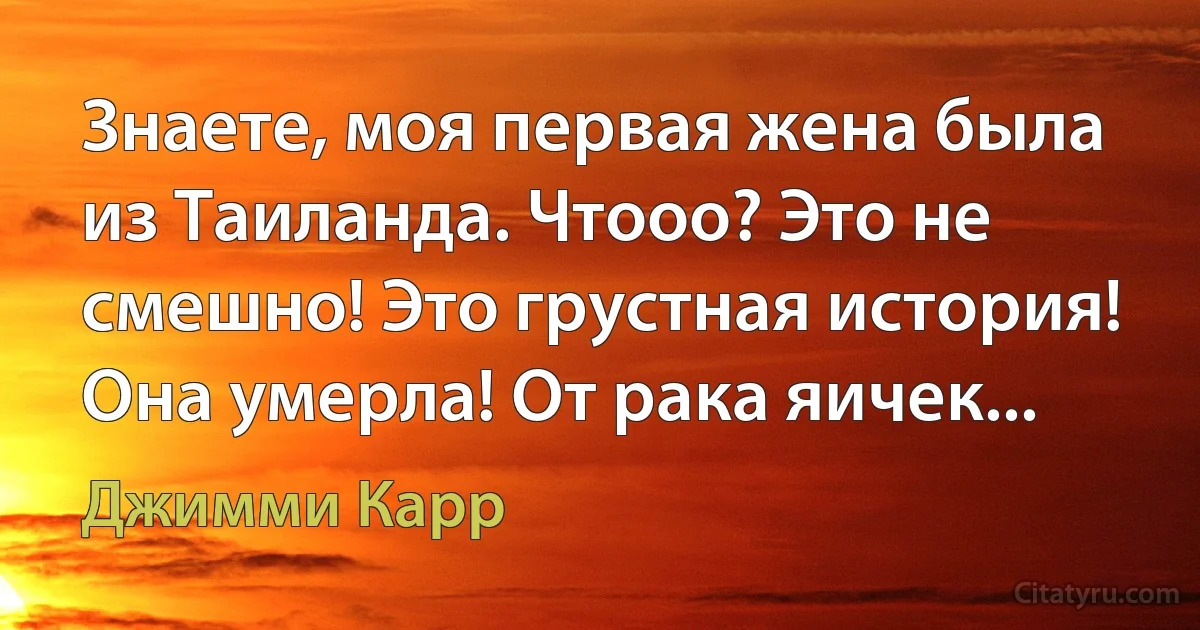 Знаете, моя первая жена была из Таиланда. Чтооо? Это не смешно! Это грустная история! Она умерла! От рака яичек... (Джимми Карр)