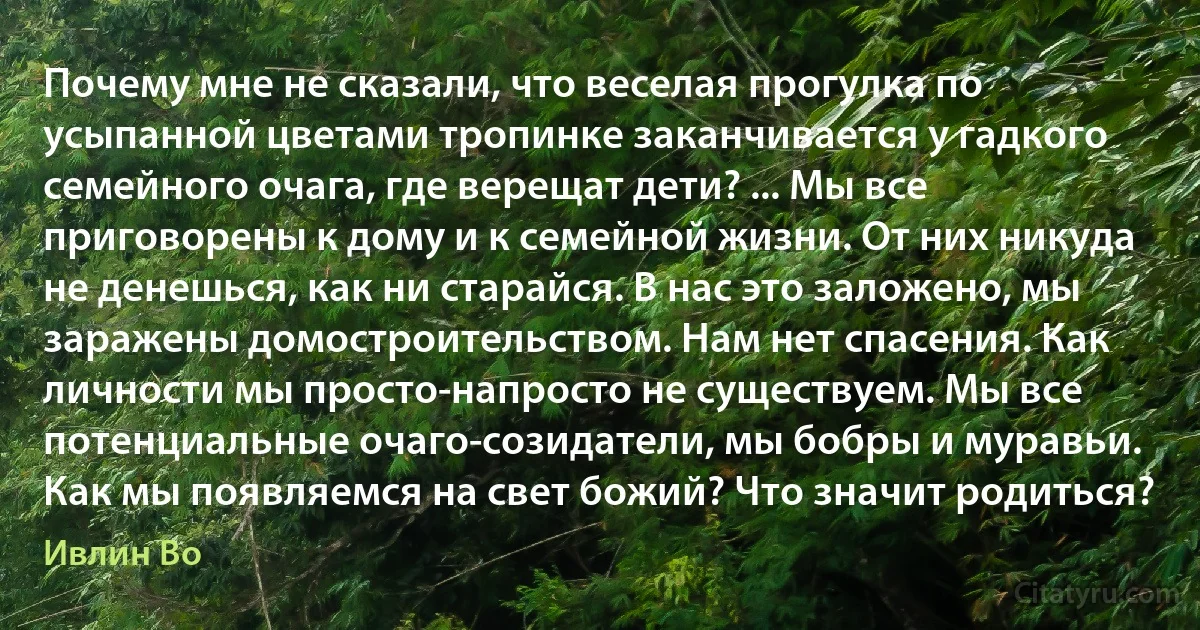 Почему мне не сказали, что веселая прогулка по усыпанной цветами тропинке заканчивается у гадкого семейного очага, где верещат дети? ... Мы все приговорены к дому и к семейной жизни. От них никуда не денешься, как ни старайся. В нас это заложено, мы заражены домостроительством. Нам нет спасения. Как личности мы просто-напросто не существуем. Мы все потенциальные очаго-созидатели, мы бобры и муравьи. Как мы появляемся на свет божий? Что значит родиться? (Ивлин Во)