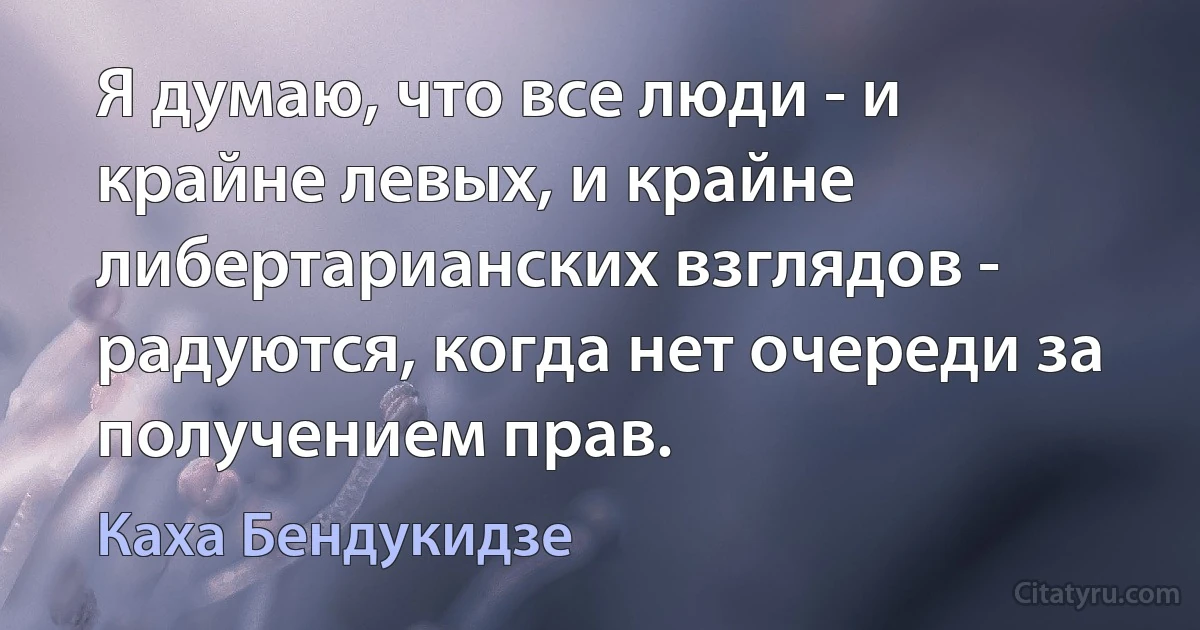 Я думаю, что все люди - и крайне левых, и крайне либертарианских взглядов - радуются, когда нет очереди за получением прав. (Каха Бендукидзе)