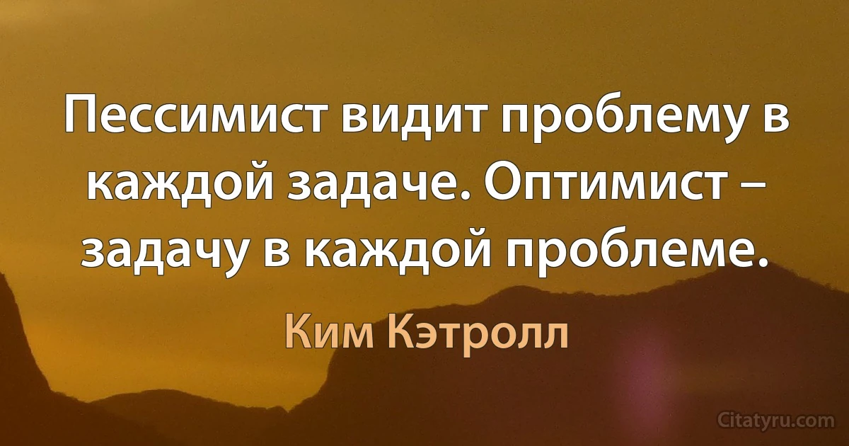 Пессимист видит проблему в каждой задаче. Оптимист – задачу в каждой проблеме. (Ким Кэтролл)