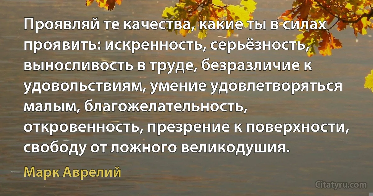 Проявляй те качества, какие ты в силах проявить: искренность, серьёзность, выносливость в труде, безразличие к удовольствиям, умение удовлетворяться малым, благожелательность, откровенность, презрение к поверхности, свободу от ложного великодушия. (Марк Аврелий)