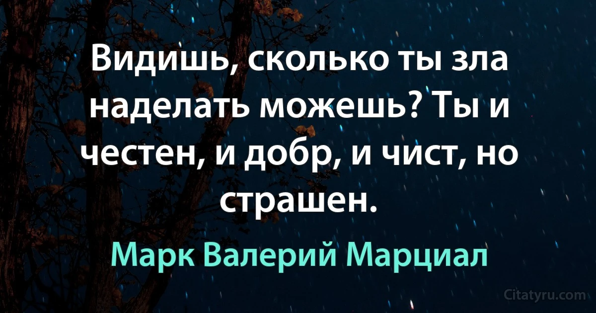 Видишь, сколько ты зла наделать можешь? Ты и честен, и добр, и чист, но страшен. (Марк Валерий Марциал)